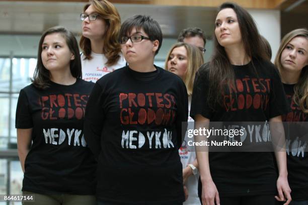 Doctors during the hunger strike are seen in Gdansk, Poland on 21 October 2017 Dozen resident doctors in Gdansk joined to growing around the Poland...