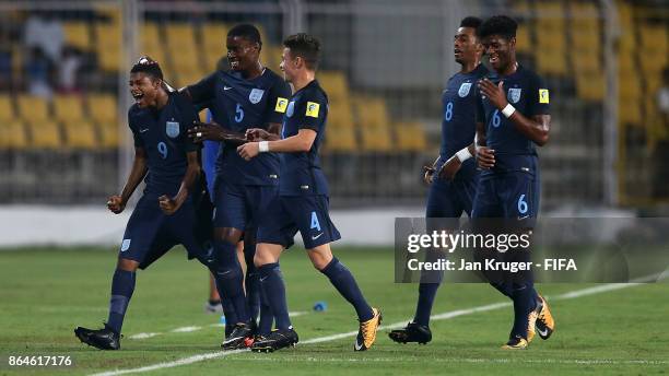 Rhian Brewster of England celebrates scoring his first goal during the FIFA U-17 World Cup India 2017 Quarter Final match between USA and England at...