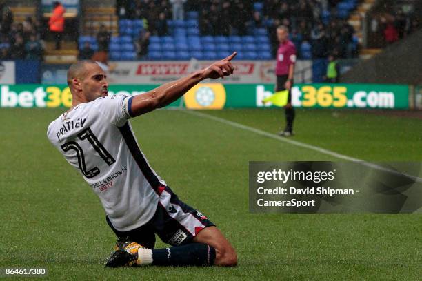 Bolton Wanderers' Darren Pratley celebrates scoring his side's first goal during the Sky Bet Championship match between Bolton Wanderers and Queens...