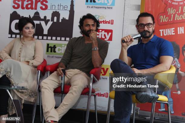 Bollywood actors Aamir Khan, Zaira Wasim and director Advait Chandan during an exclusive interview with HT City-Hindustan Times to promote upcoming...