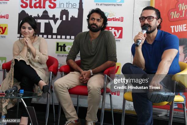 Bollywood actors Aamir Khan, Zaira Wasim and director Advait Chandan during an exclusive interview with HT City-Hindustan Times to promote upcoming...