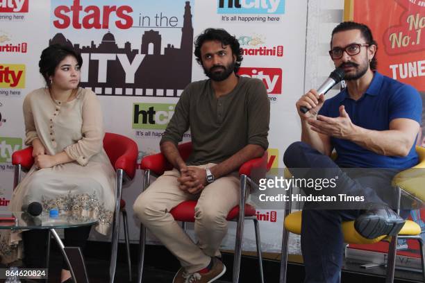 Bollywood actors Aamir Khan, Zaira Wasim and director Advait Chandan during an exclusive interview with HT City-Hindustan Times to promote upcoming...