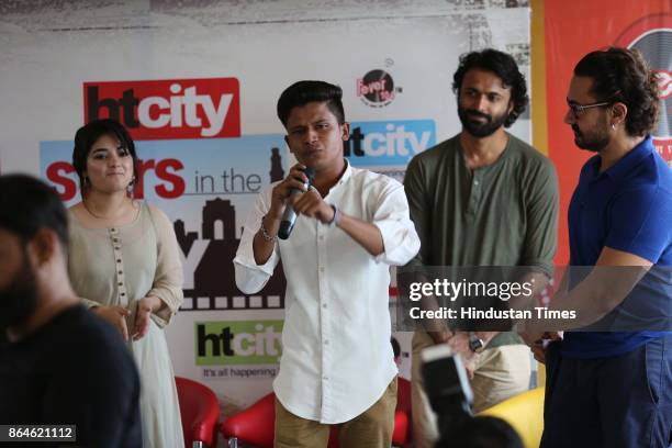 Bollywood actors Aamir Khan, Zaira Wasim and director Advait Chandan during an exclusive interview with HT City-Hindustan Times to promote upcoming...