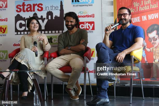 Bollywood actors Aamir Khan, Zaira Wasim and director Advait Chandan during an exclusive interview with HT City-Hindustan Times to promote upcoming...
