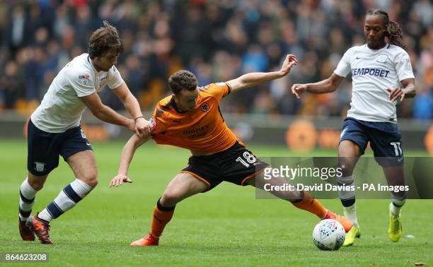 Wolverhampton Wanderers' Diogo Teixeira da Silva is tackled by Preston's Ben Pearson during the Sky Bet Championship match at Molineux, Wolverhampton.