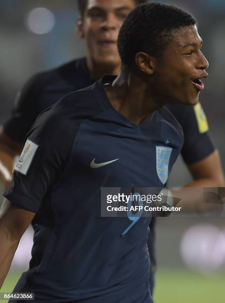 Rhian Brewster of England celebrates after scoring the second goal during the quarterfinal football match between USA and England in the FIFA U-17...