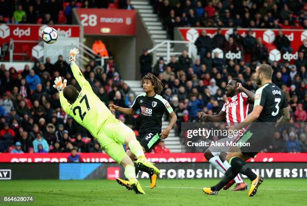 Mame Biram Diouf of Stoke City scores the first Stoke goal during the Premier League match between Stoke City and AFC Bournemouth at Bet365 Stadium...