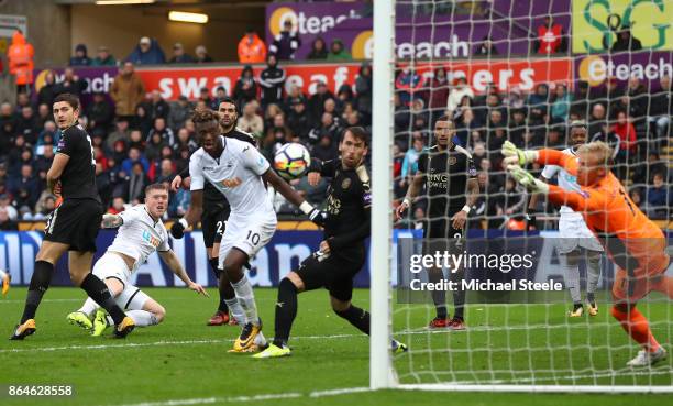 Alfie Mawson of Swansea City scores the 1st Swansea goal during the Premier League match between Swansea City and Leicester City at Liberty Stadium...