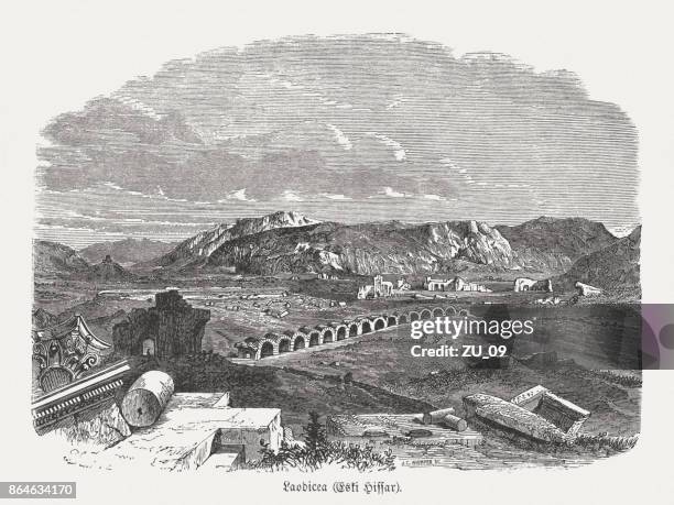 eskihisar (turkey), formerly ancient laodicea (lycus), wood engraving, published 1886 - laodicea stock illustrations