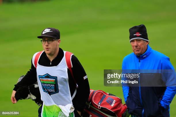 Barry Lane of England and his son Ben in action during the second round of the Farmfoods European Senior Masters played at Forest of Arden Marriott...