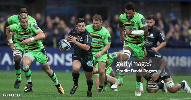 Charlie Cassang of Clermont Auvergen breaks clear to score their third try during the European Rugby Champions Cup match between ASM Clermont...
