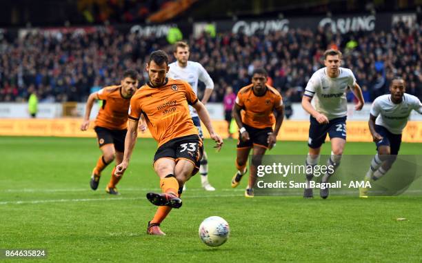 Leo Bonatini of Wolverhampton Wanderers scores a goal to make it 2-0 from a penalty kick during the Sky Bet Championship match between Wolverhampton...