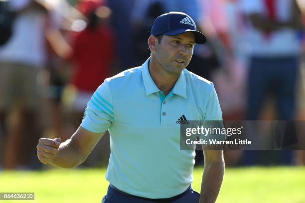 Sergio Garcia of Spain celebrates holing a putt on the 16th green during day three of the Andalucia Valderrama Masters at Real Club Valderrama on...