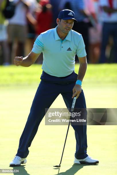 Sergio Garcia of Spain celebrates holing a putt on the 16th green during day three of the Andalucia Valderrama Masters at Real Club Valderrama on...