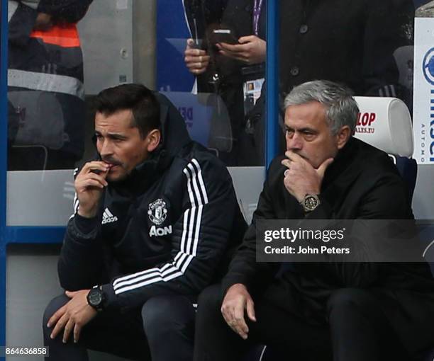 Manager Jose Mourinho of Manchester United watches from the bench during the Premier League match between Huddersfield Town and Manchester United at...