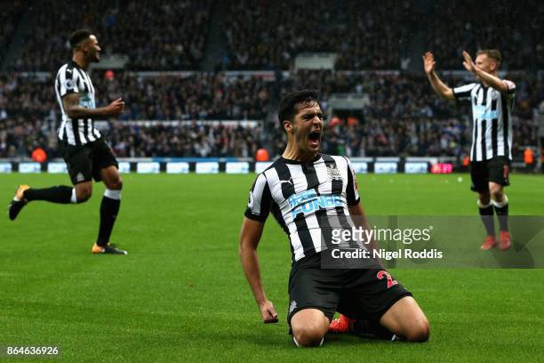 Mikel Merino of Newcastle United celebrates as he scores their first goal during the Premier League match between Newcastle United and Crystal Palace...