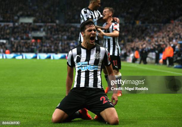 Mikel Merino of Newcastle United celebrates as he scores their first goal during the Premier League match between Newcastle United and Crystal Palace...