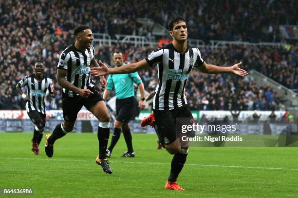 Mikel Merino of Newcastle United celebrates as he scores their first goal during the Premier League match between Newcastle United and Crystal Palace...