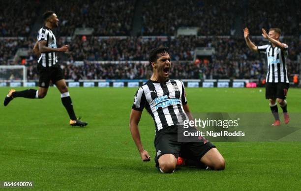 Mikel Merino of Newcastle United celebrates as he scores their first goal during the Premier League match between Newcastle United and Crystal Palace...