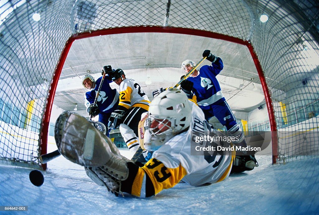 Ice hockey, goalie reaching for puck rolling into goal (wide angle)