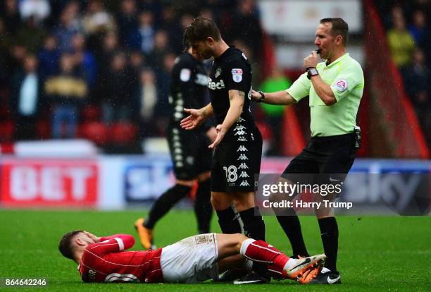 Matt Taylor of Bristol City and Gaetano Berardi of Leeds United clash resulting in red cards for both during the Sky Bet Championship match between...