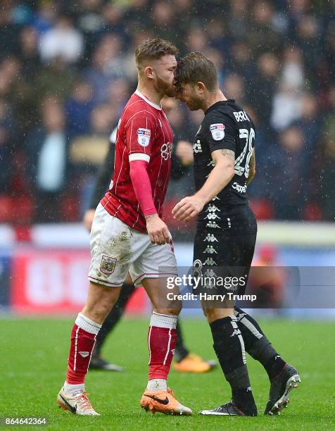 Matt Taylor of Bristol City and Gaetano Berardi of Leeds United clash resulting in red cards for both during the Sky Bet Championship match between...