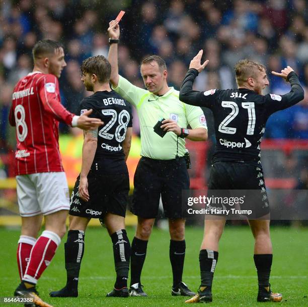 Gaetano Berardi of Leeds United is shown a red card during the Sky Bet Championship match between Bristol City and Leeds United at Ashton Gate on...