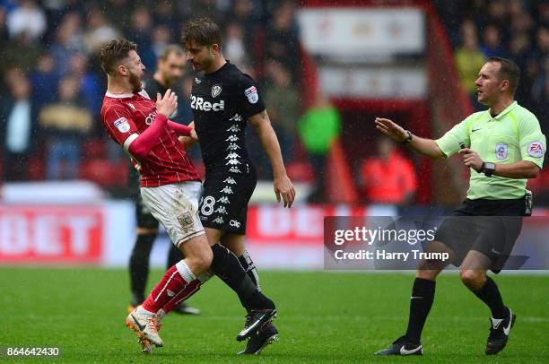 Matt Taylor of Bristol City and Gaetano Berardi of Leeds United clash resulting in red cards for both during the Sky Bet Championship match between...