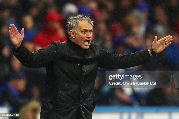 Manchester United manager Jose Mourinho reacts during the Premier League match between Huddersfield Town and Manchester United at John Smith's...