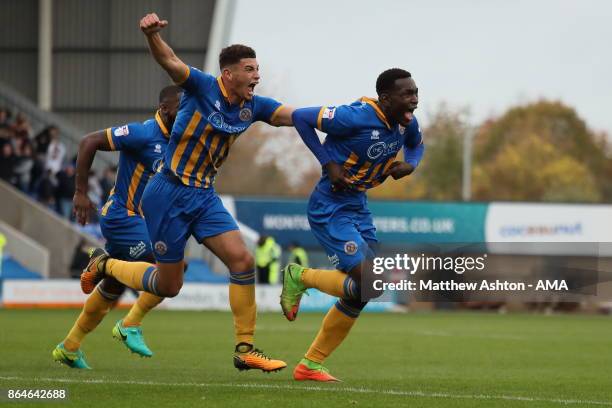 Aristote Nsiala of Shrewsbury Town celebrates after scoring a goal to make it 1-0 during the Sky Bet League One match between Shrewsbury Town and...