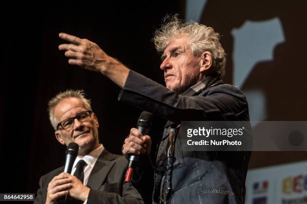 Christopher Doyle give a speech during the ceremony during 9th Film Festival Lumiere on October 20, 2017 in Lyon, France.