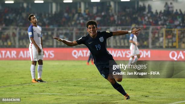 Morgan Gibbs White of England celebrates scoring his sides 3rd goal during the FIFA U-17 World Cup India 2017 Quarter Final match between USA and...