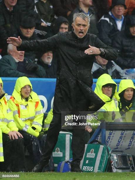 Manager Jose Mourinho of Manchester United watches from the touchline during the Premier League match between Huddersfield Town and Manchester United...