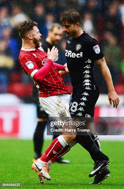 Matt Taylor of Bristol City and Gaetano Berardi of Leeds United clash resulting in red cards for both during the Sky Bet Championship match between...