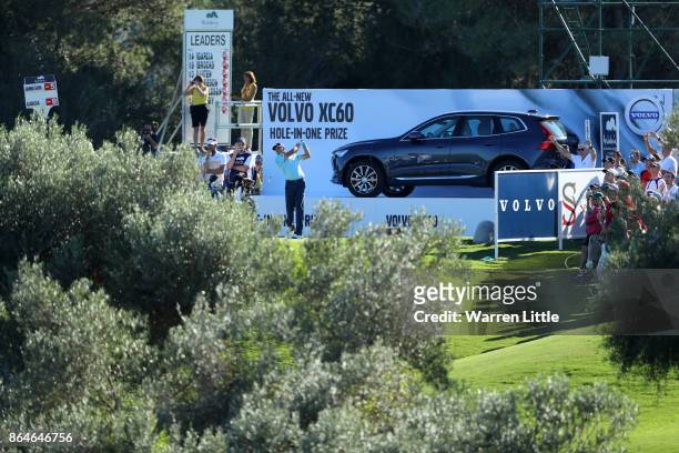Sergio Garcia of Spain tees off on the 15th hole during day three of the Andalucia Valderrama Masters at Real Club Valderrama on October 21, 2017 in...