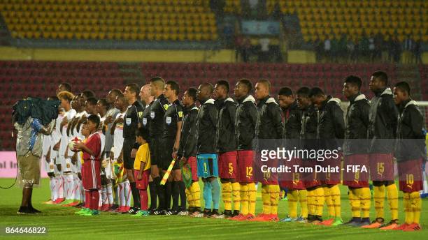 Both team line up for the national anthems during the FIFA U-17 World Cup India 2017 Quarter Final match between Mali and Ghana at Indira Gandhi...
