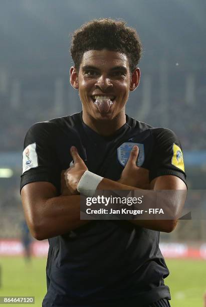 Morgan Gibbs White of England celebrates scoring his sides 3rd goal during the FIFA U-17 World Cup India 2017 Quarter Final match between USA and...