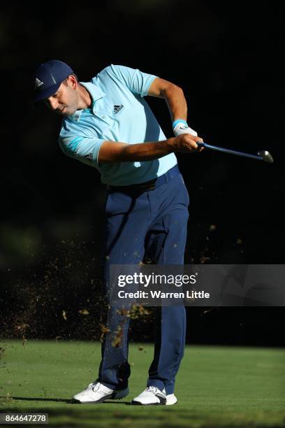 Sergio Garcia of Spain hits his second shot on the 16th hole during day three of the Andalucia Valderrama Masters at Real Club Valderrama on October...