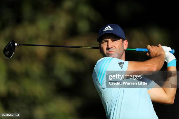 Sergio Garcia of Spain tees off on the 17th hole during day three of the Andalucia Valderrama Masters at Real Club Valderrama on October 21, 2017 in...