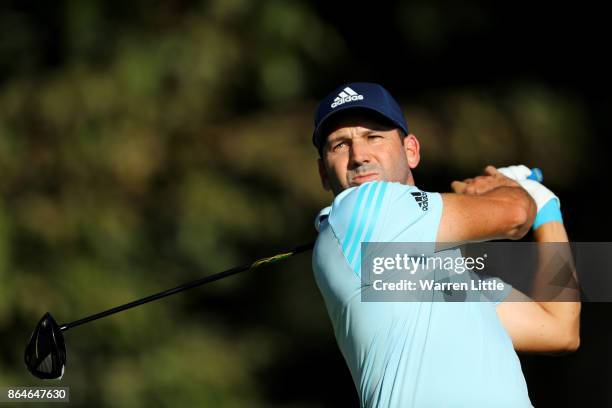 Sergio Garcia of Spain tees off on the 17th hole during day three of the Andalucia Valderrama Masters at Real Club Valderrama on October 21, 2017 in...