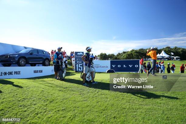 Edoardo Molinari of Italy tees off on the 15th hole during day three of the Andalucia Valderrama Masters at Real Club Valderrama on October 21, 2017...