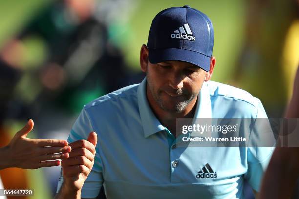 Sergio Garcia of Spain reacts on the 15th hole during day three of the Andalucia Valderrama Masters at Real Club Valderrama on October 21, 2017 in...