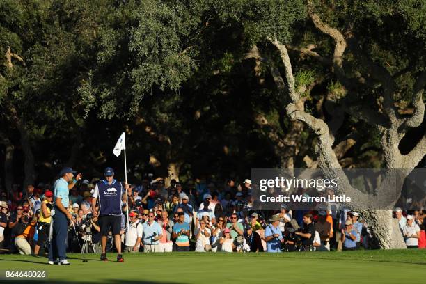 Sergio Garcia of Spain acknowledges the crowd on the 18th green during day three of the Andalucia Valderrama Masters at Real Club Valderrama on...