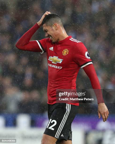 Chris Smalling of Manchester United shows his disappointment after the Premier League match between Huddersfield Town and Manchester United at John...
