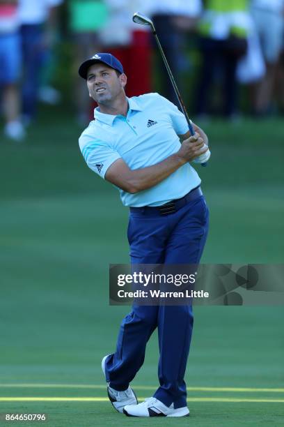 Sergio Garcia of Spain hits his second shot on the 18th hole during day three of the Andalucia Valderrama Masters at Real Club Valderrama on October...