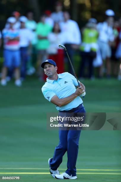 Sergio Garcia of Spain hits his second shot on the 18th hole during day three of the Andalucia Valderrama Masters at Real Club Valderrama on October...