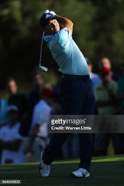 Sergio Garcia of Spain hits his second shot on the 17th hole during day three of the Andalucia Valderrama Masters at Real Club Valderrama on October...