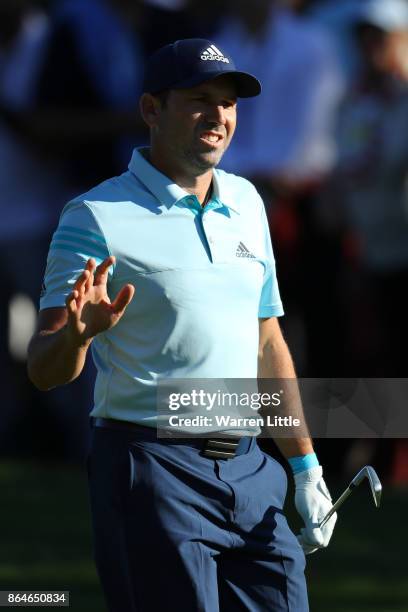 Sergio Garcia of Spain acknowledges the crowd on the 17th hole during day three of the Andalucia Valderrama Masters at Real Club Valderrama on...