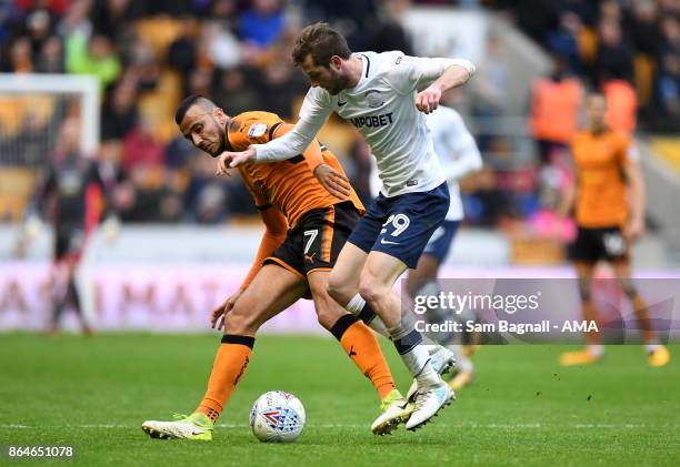 Romain Saiss of Wolverhampton Wanderers and Tom Barkhuizen of Preston North End during the Sky Bet Championship match between Wolverhampton and...