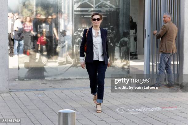 Emmanuelle Devos and Sami Bouajila attend the shooting of French short black-and-white silent documentary film 'La Sortie de l'Usine' directed by...